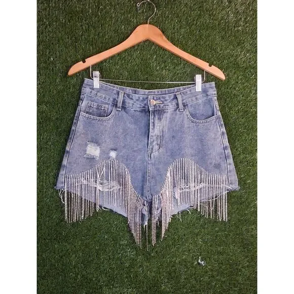 Windsor Rhinestone Fringe Denim Shorts High Waist Distressed Festival Bling M - Picture 1 of 8